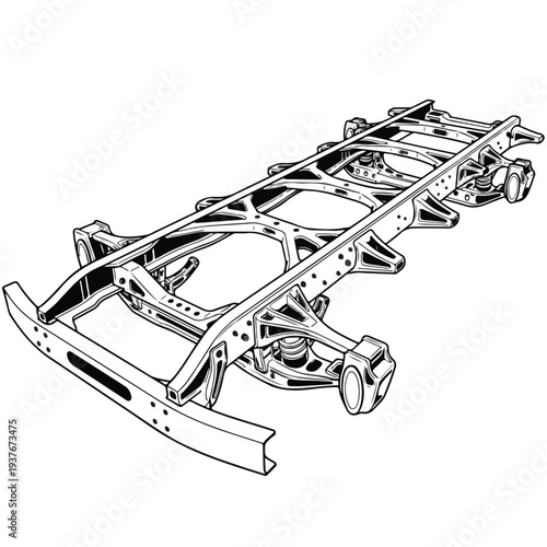 Car chassis frame with wheels and suspension components isolated