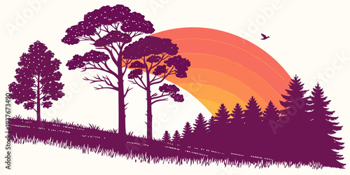 A purple and orange sunset behind trees on a hill Vector