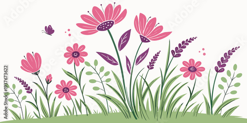 A colorful illustration of flowers and grass on a white background Vector
