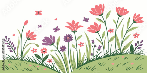 A colorful illustration of flowers and butterflies on a green hill Vector