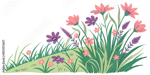 A colorful illustration of flowers and grass on a hill Vector