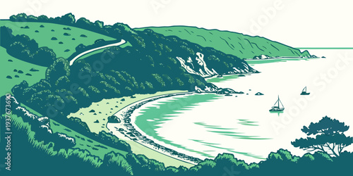 A scenic view of a body of water and a road Vector