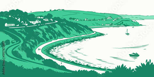 A green and white image of a coastal road and sea Vector