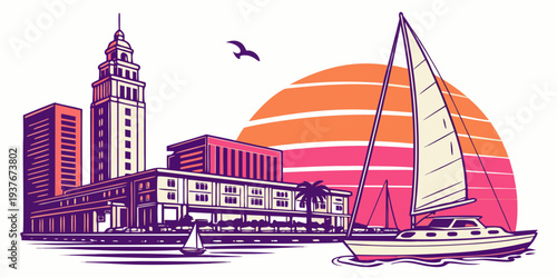 A purple and orange cityscape with a sailboat in front of a sun Vector