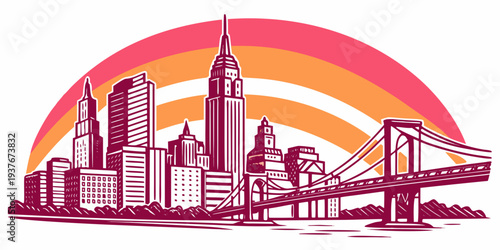 City skyline with bridge and sunset Vector