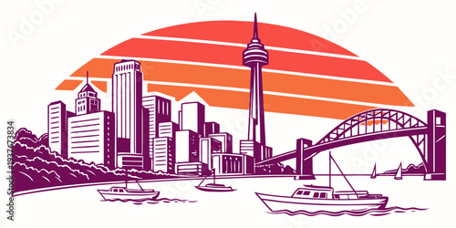 A city skyline with a bridge and a tower at sunset Vector