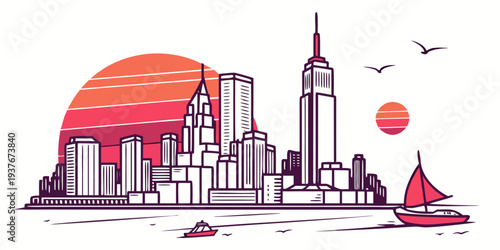 A city skyline with a sailboat in the water Vector