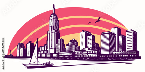 A city skyline with a sunset in the background Vector