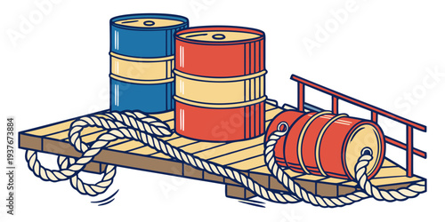 A wooden platform with barrels and a spool of rope Vector