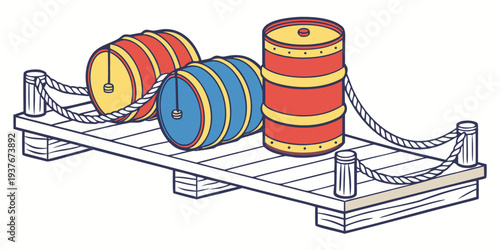 A metal shelf with three colorful barrels on it Vector