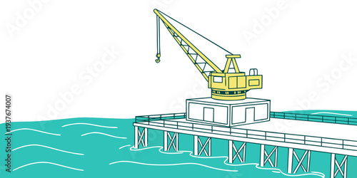 A yellow crane on a pier over the water Vector