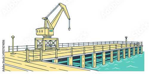 A yellow dock with a crane on the water Vector