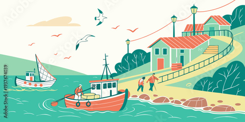 Boats are anchored near a coastal village Vector