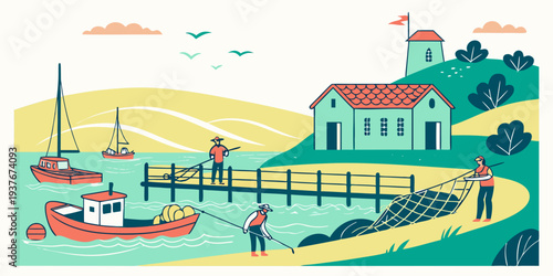 A colorful illustration of a boat dock with people fishing Vector