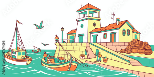 A colorful illustration of a lighthouse by the sea Vector