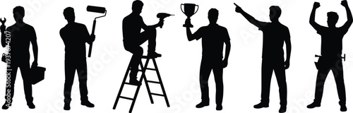 Silhouette workers professions, mechanic, painter, construction, leadership pose, trophy achievement, tradesperson success, skilled labor art, occupational design, career lifestyle