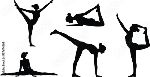 Silhouette yoga gymnastics poses, fitness flexibility, balance strength, dancer motion, exercise art, healthy lifestyle, body control, graceful movement, design