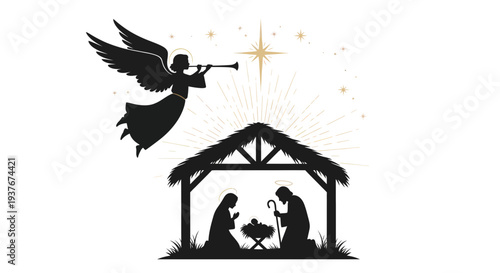 Christmas Nativity Scene Silhouette with Angel and Star