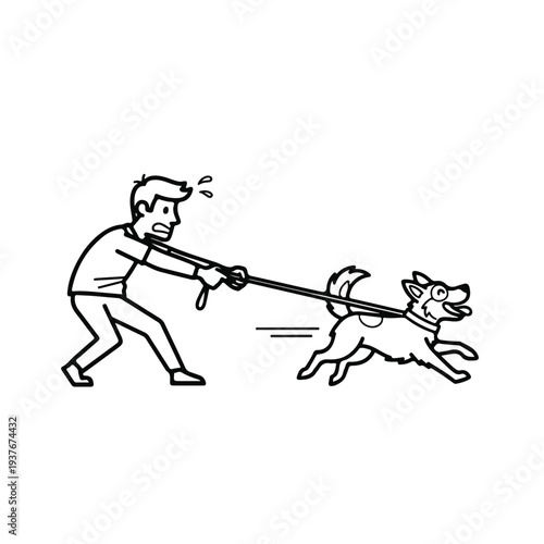 Man struggling to hold leash with excited dog running wildly