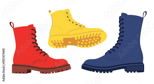 Colorful Combat Boots: Red, Yellow, and Blue Fashion Footwear