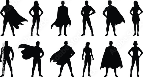 Superhero silhouette characters collection, male and female comic heroes with cape vector illustration, powerful action figures isolated standing poses