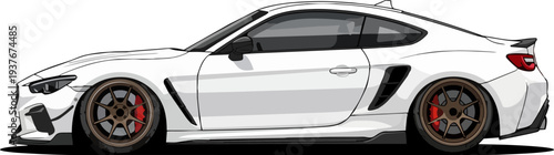 A sleek white sports car viewed from the side, showcasing its aerodynamic design and vibrant red brake calipers on a clean background