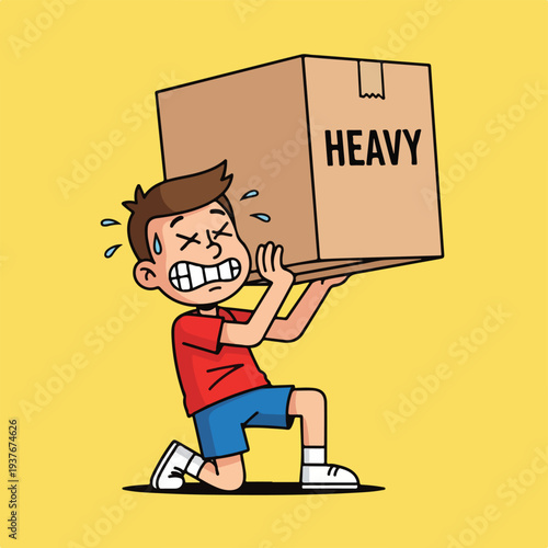 Cartoon boy struggling to carry a heavy cardboard box with effort