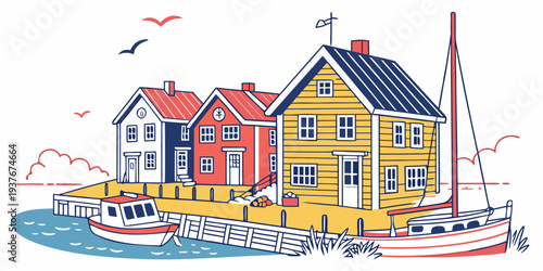Colorful houses and boats by the waterfront Vector