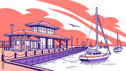 A pixelated image of a sailboat docked near a building Vector