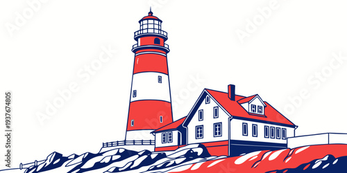 A red and white lighthouse on a rocky coastline Vector