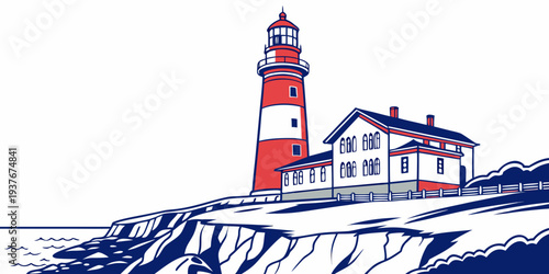 A red and white lighthouse on a rocky cliff Vector