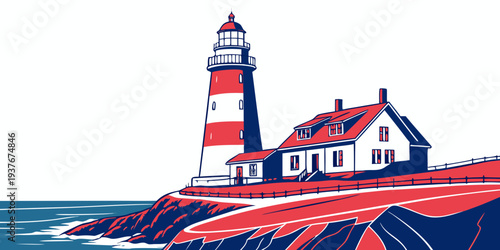 A lighthouse on a rocky coastline near a house Vector