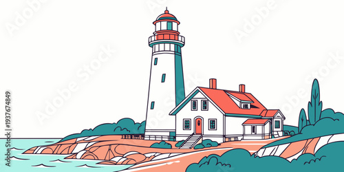 A white lighthouse on a rocky coastline Vector