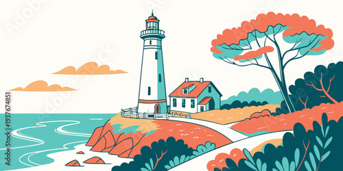 A lighthouse on a rocky coastline with a tree Vector