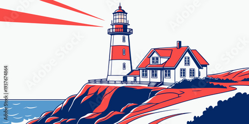 A lighthouse on a rocky coastline with a red and white tower Vector