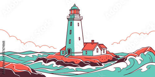 A lighthouse on a rocky coastline with waves crashing Vector