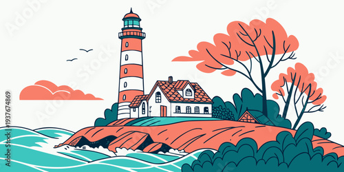 A lighthouse on a rocky coastline with trees and a house Vector