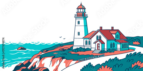 A small lighthouse on a rocky coastline by the sea Vector