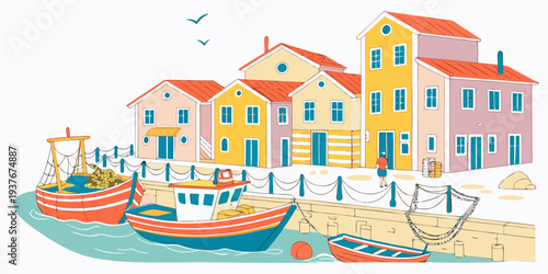 A colorful illustration of a small fishing village by the sea Vector