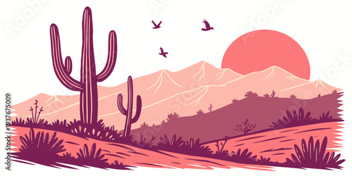 A desert landscape with cacti and a sunset Vector