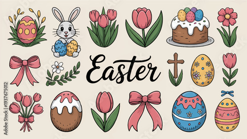 Easter celebration icons with eggs bunnies flowers cake and decorations on beige background