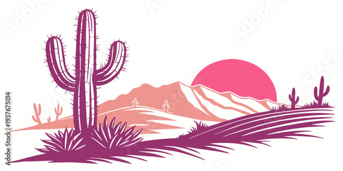 A pink desert landscape with a cactus and a sun Vector