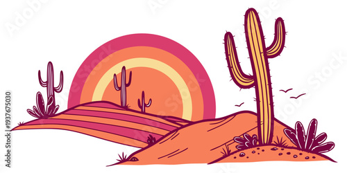 A pixel art desert landscape with a sunset Vector