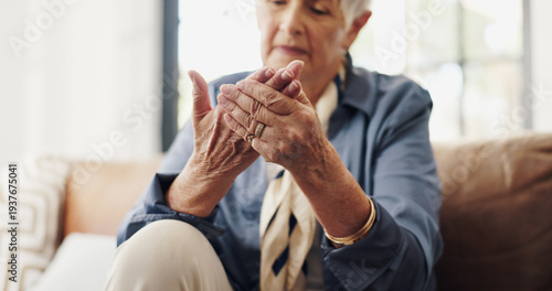 Εκτύπωση καμβά Hands, arthritis and injury in couch in retirement home with fatigue, joint pain or carpal tunnel in lounge
