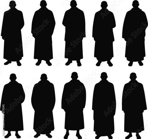 Buddhist Monk Silhouette Collection with Standing Robed Figures Isolated for Religion, Meditation, Spirituality, and Culture Design