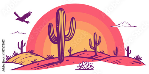 A desert landscape with a sunset and cacti Vector
