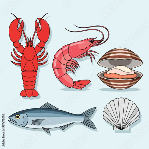 Seafood icons including lobster shrimp fish and shellfish