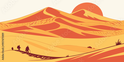 A desert landscape with a camel caravan Vector