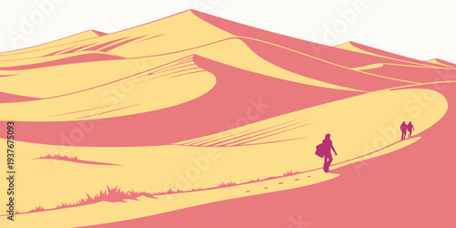 A person and camel walking through a desert landscape Vector