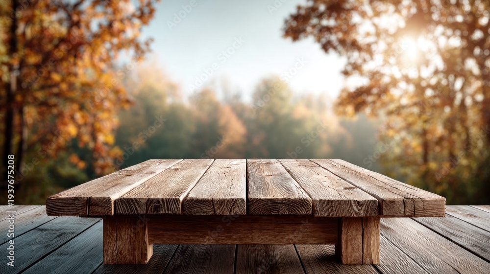 Fototapeta premium Rustic wooden table in a sunlit autumn forest with blurred colorful foliage background